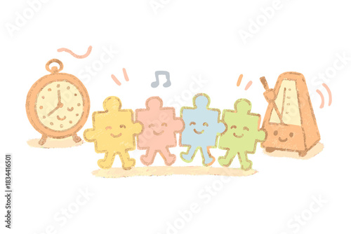 Puzzle Coordination Harmony. A miniature coordination scene with cheerful puzzle pieces, synchronized clock, and metronome, soft