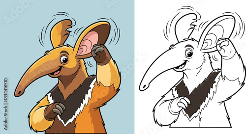 Funny cartoon anteater listening with big moving ears, happy wild animal character with long snout and claws, vector illustration on blue background