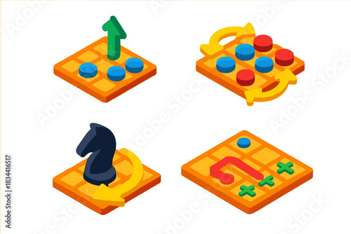Four different board games are shown in a row