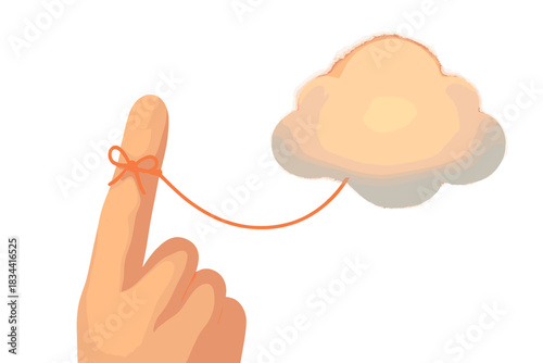 Memory String Connection. a soft finger with a tiny red string tied around it, connected by a line to a glowing memory cloud,