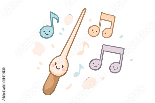 Joyful Musical Conductor. A smiling conductor's baton waving above joyful music notes, gentle pastel accents, No text, No labels,