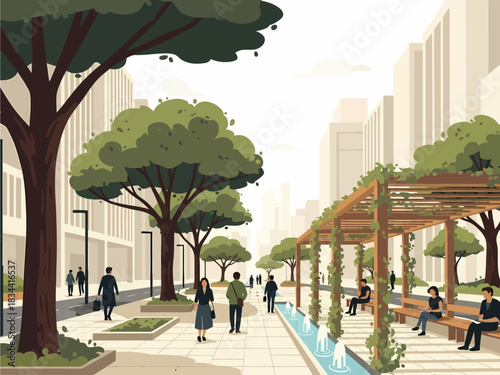 Vibrant city street scene featuring a pedestrian walkway with lush trees, a water feature, and a wooden pergola with people relaxing