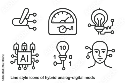 Hybrid Tech Icons. Line style icons of hybrid analog-digital mods: toggle switch with data flow, analog signal meter, dial-powered