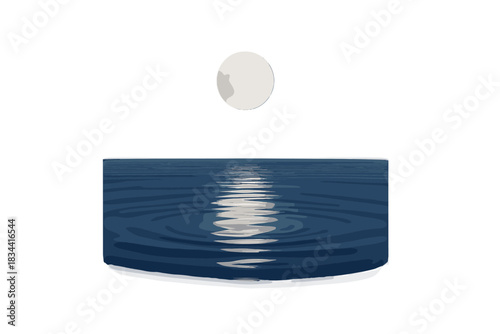 Moonlit Water Reflection. a perfectly still water surface reflecting a faint moon and subtle ripples of peace, indigo and pearl