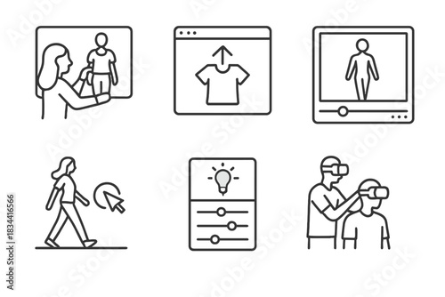 Virtual Show Icons. Line style icons of behind-the-scenes in virtual shows: designer adjusting avatar outfit, digital garment