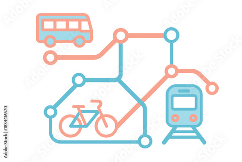 Integrated Transit Harmony. a public-transit integration map showing buses, trains, and bikes linking in harmony, sky blue and