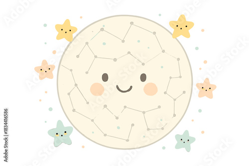Joyful Night Sky. A smiling night sky chart with tiny joyful stars floating, gentle pastel accents, No text, No labels, isolated