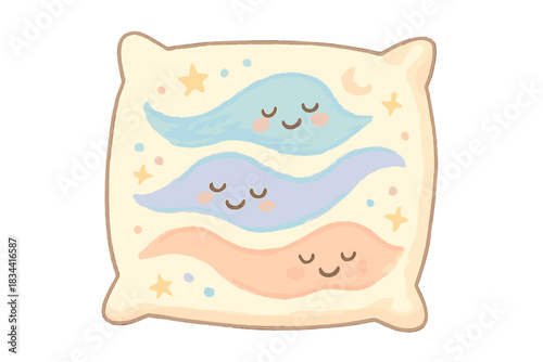 Dream Wave Pillow. A cheerful pillow with smiling "dream current" waves, soft pastel doodle style, No text, No labels, isolated