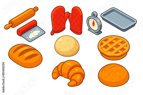 Baking Essentials Icons. Isometric vector illustration set Cooking techniques – wooden rolling pin, floured bench scraper, dough