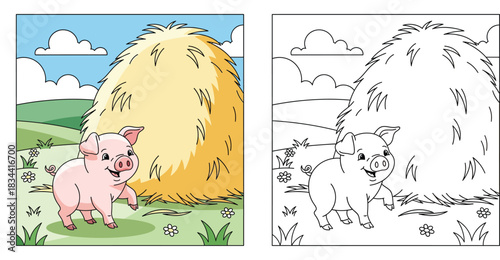 Cute cartoon pig standing near a large yellow haystack, happy pink piglet character in a green farm field with flowers and blue sky vector illustration