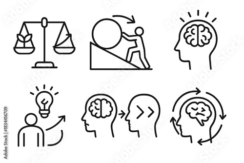 Mindset Growth Icons. Line style icons of mindset and brain adaptability: growth mindset scale, challenge as opportunity, mental