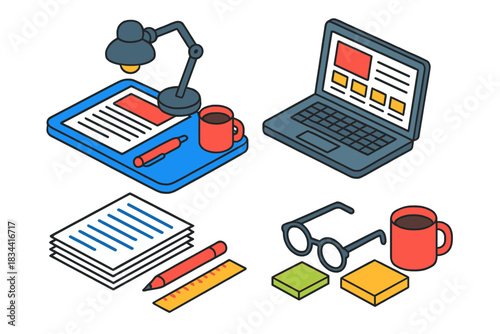 Isometric News Desk Set. Isometric vector illustration set News and media – editorial desk, laptop screen, style guide; copy stack