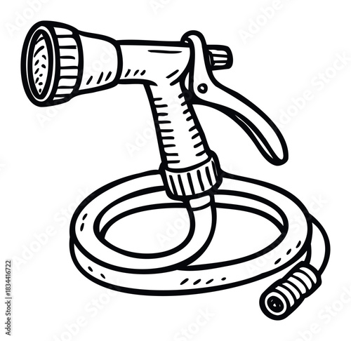 A simple, handdrawn depiction of a garden hose nozzle and coiled hose, ideal for illustrating gardening, watering, and outdoor activities.
