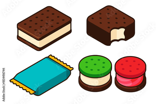 Bold Ice Cream Icons. Isometric vector illustration set Ice cream and desserts – ice cream sandwich, chocolate wafer, vanilla