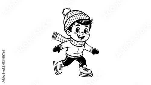 Joyful boy ice skating in winter clothing
