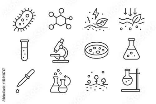 Biodegradation Study Icons. Line style icons of Biodegradation Study: Bacterium, Polymer Molecule, Decomposition, Pollution