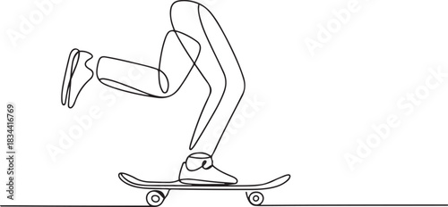 one continuous single line drawing of skateboarding. legs with trousers wearing shoes riding skateboard. Sport concept vector illustration. one line Icon drawing