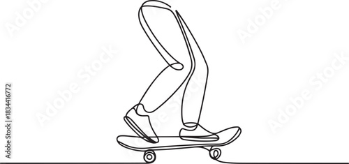 one continuous single line drawing of skateboarding. legs with trousers wearing shoes riding skateboard. Sport concept vector illustration. one line Icon drawing