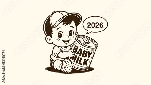 Cute cartoon baby holding a can of baby milk with the year 2026