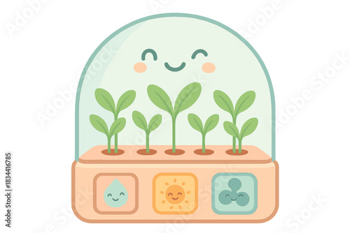Winking Hydroponic Dome. A cute "hydroponic dome" status display with winking indicators, soft harmonious pastel palette, No text,