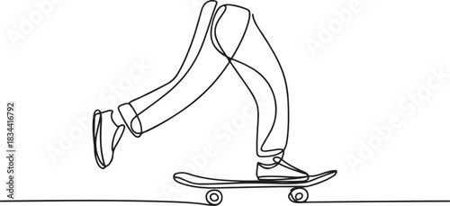 one continuous single line drawing of skateboarding. legs with trousers wearing shoes riding skateboard. Sport concept vector illustration. one line Icon drawing