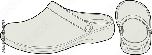 Clog, shoe, vector, illustration, sketch, outline, fashion, gear, durable, ergonomic, structured, silhouette, layout, design, protection, accessory, strap, sole, top view, side view