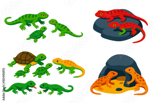 Reptile Social Learning Icons. Isometric vector illustration set Social learning in reptiles: lizards observing peers, turtle