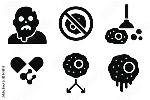 Cellular Senescence Icons. Solid style icons of cellular senescence removal: zombie cell icon, senescence cross badge, cell