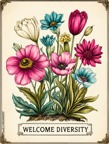 Welcome Diversity Vintage Retro Flower Garden Botanical Art Illustration