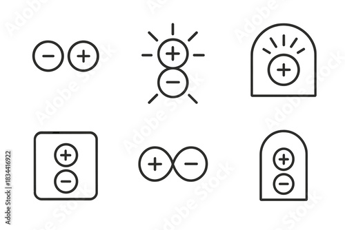 Ionic Vector Design. Line vector icons of an ionic suggestion in a niche: balanced charge circles, glowing ion pairs, radiant