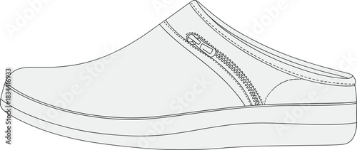 Shoe, mule, vector, illustration, sketch, outline, fashion, gear, durable, ergonomic, structured, silhouette, layout, design, protection, accessory, zipper, slip-on, sole, stitched, casual