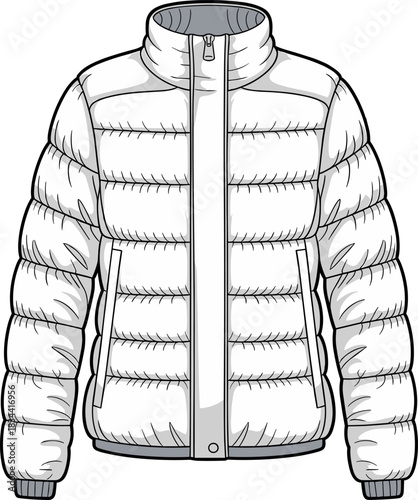 Jacket, puffer, vector, illustration, sketch, outline, fashion, gear, durable, ergonomic, structured, silhouette, layout, design, protection, accessory, zipper, quilted, insulated, collar, pocket