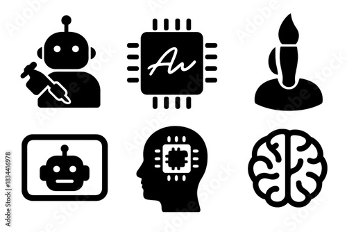 Artistic AI Icons. Solid style icons of artistic AI personas: virtual tattoo artist icon, named AI signature, avatar brush head.
