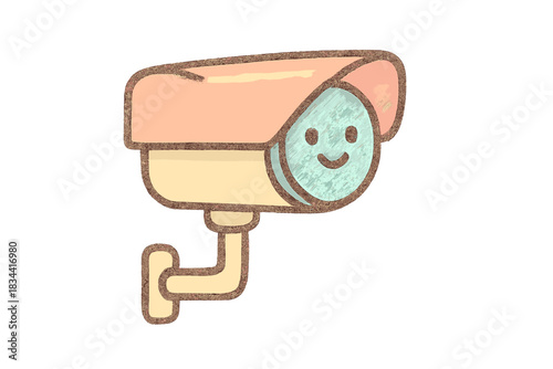 Happy Camera Icon. A tiny "corridor monitoring" camera icon with a smiling face, cozy pastel doodle colors, No text, No labels,