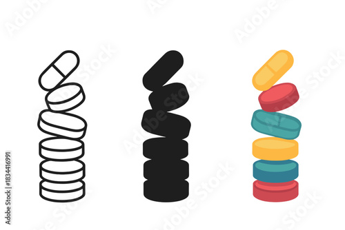 Supplement Routine Artistry. Stack of supplement capsules and tablets arranged in precise order, symbolizing optimization routine,
