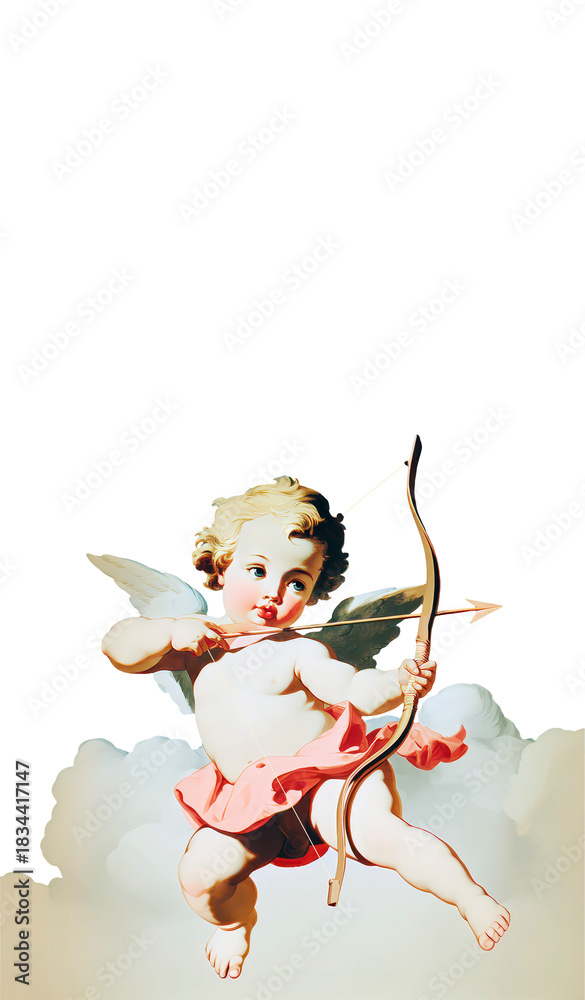 Fototapeta premium Vintage illustration of a cherub or cupid with wings holding a bow and arrow, ready to shoot, isolated on transparent background