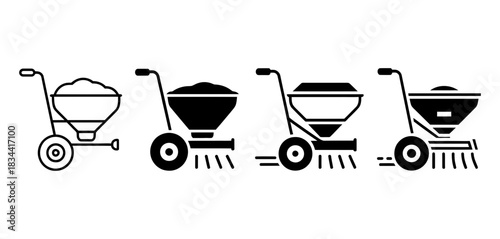 Set of four fertilizer spreader icons with wheels and handle, showing different fill levels and styles for lawn care and gardening applications.