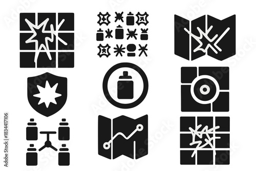 Defacement Pattern Icons. Solid style icons of defacement pattern mapping: ruin mapping grid, repeated motif chart, defaced route