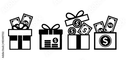 Collection of gift boxes overflowing with cash, coins, and banknotes, symbolizing financial rewards, bonuses, and unexpected monetary gifts.