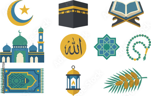 Collection of islamic religion symbols with mosque kaaba quran holy book and ramadan lantern for muslim culture faith and traditional prayer worship design concept.