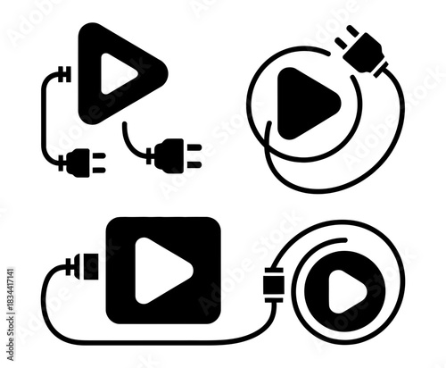 Set of four black play button icons with electrical plugs and cords, representing media playback and connectivity, isolated on white.