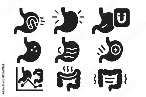 Magnet Therapy Icons. Solid style icons of magnet therapy for digestion: stomach icon with field lines, gut relief symbol,