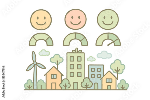 Green City Progress. A tiny "green city" progress dashboard with smiling indicators and buildings, cozy pastel doodle colors, No