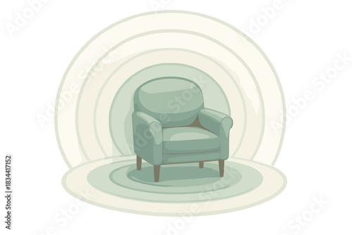 Serene Aura Chair. a chair surrounded by comforting aura rings symbolizing personal calm zone setup, sage and pearl palette, No