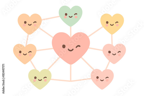 Heart Network Connection. A cute "customer connection" heart network with winking hearts, soft harmonious pastel palette, No text,