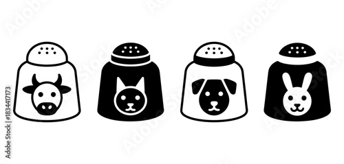 Four distinct animal-themed salt and pepper shakers, each featuring a stylized face of a cow, cat, dog, and rabbit, set against a white background.