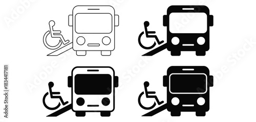 Set of icons depicting buses with wheelchair access ramps, representing public transportation accessibility for disabled individuals.