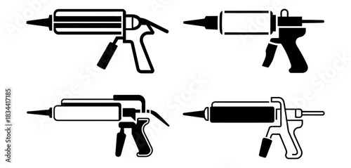 Set of four sealant gun icons, representing different designs for applying adhesive, caulk, or silicone for construction, renovation, and diy projects.