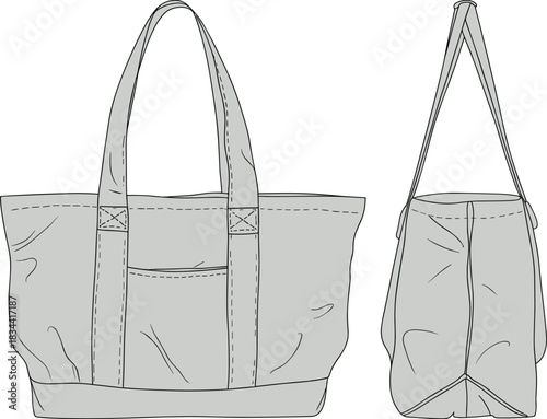 Tote, bag, vector, illustration, sketch, outline, fashion, gear, durable, ergonomic, structured, silhouette, layout, design, protection, accessory, handle, pocket, flexible, stitched, side