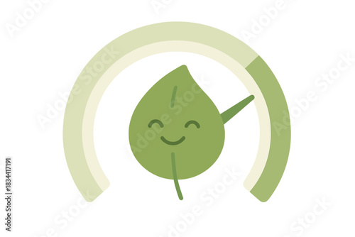 Smiling Leaf Tracker. an emission-reduction tracker with a smiling leaf surrounded by data rings of cleaner air, moss and cream